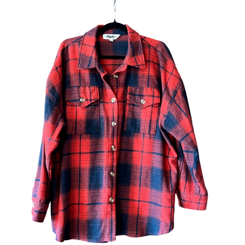 Haptics by Holly Harper Red Navy Plaid Flannel Shirt Jacket Oversized Size L